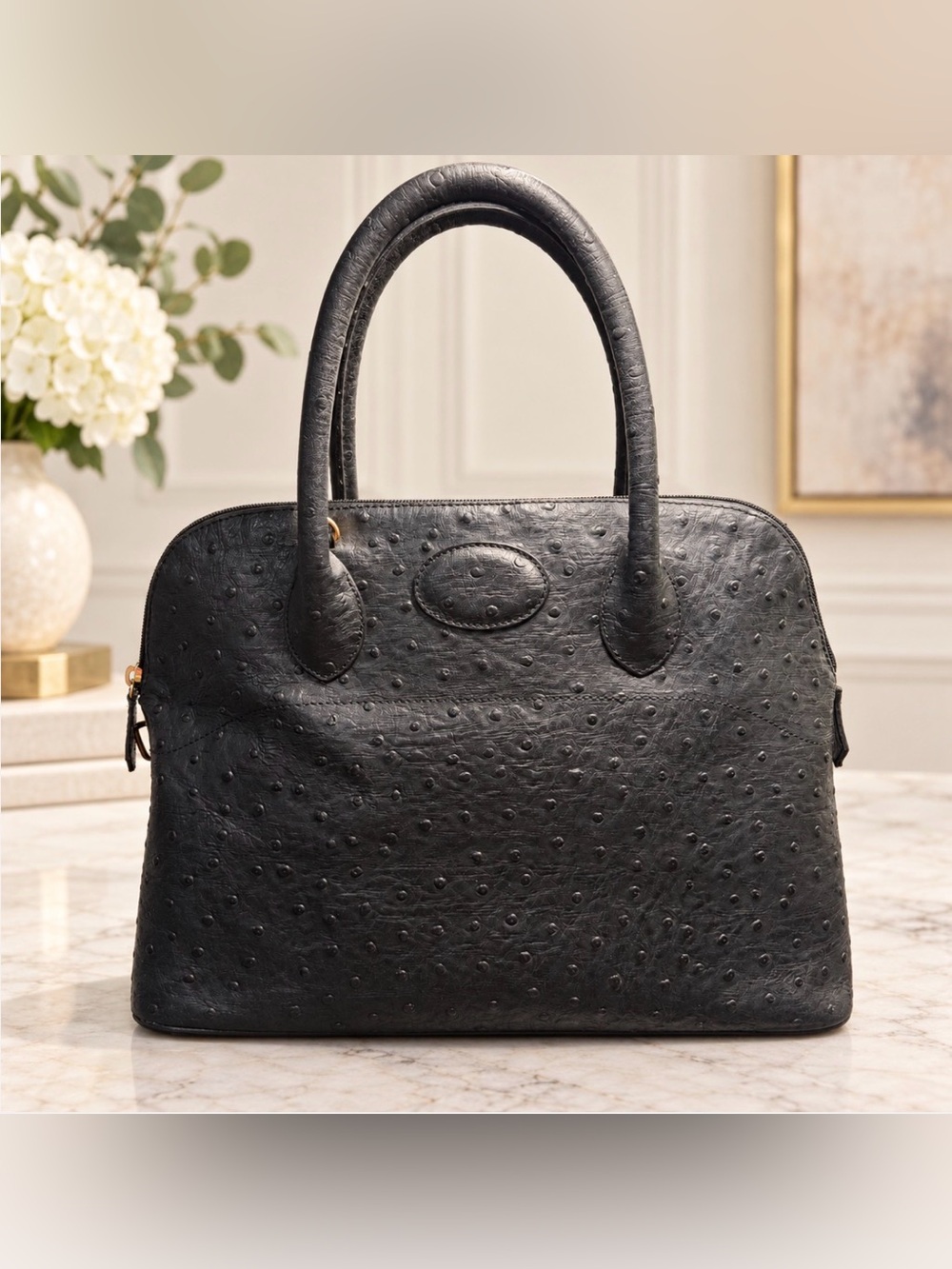 DANIER Black Ostrich Embossed Genuine Leather Satchel Handbag